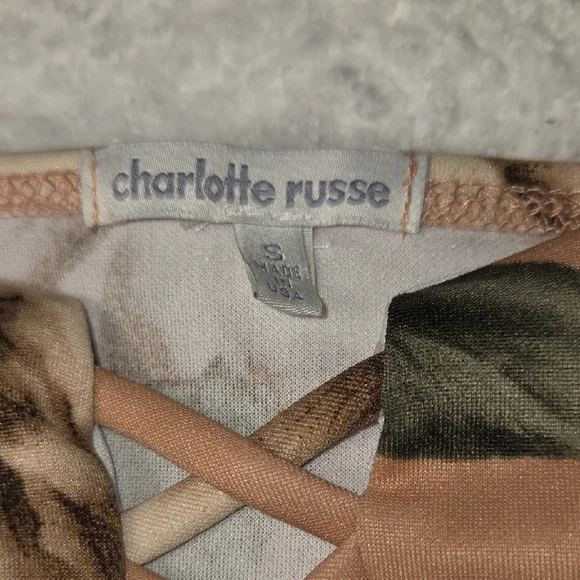 Charlotte Russe Tan Floral Off-Shoulder Lace-Up Skater Dress - Picture 3 of 5